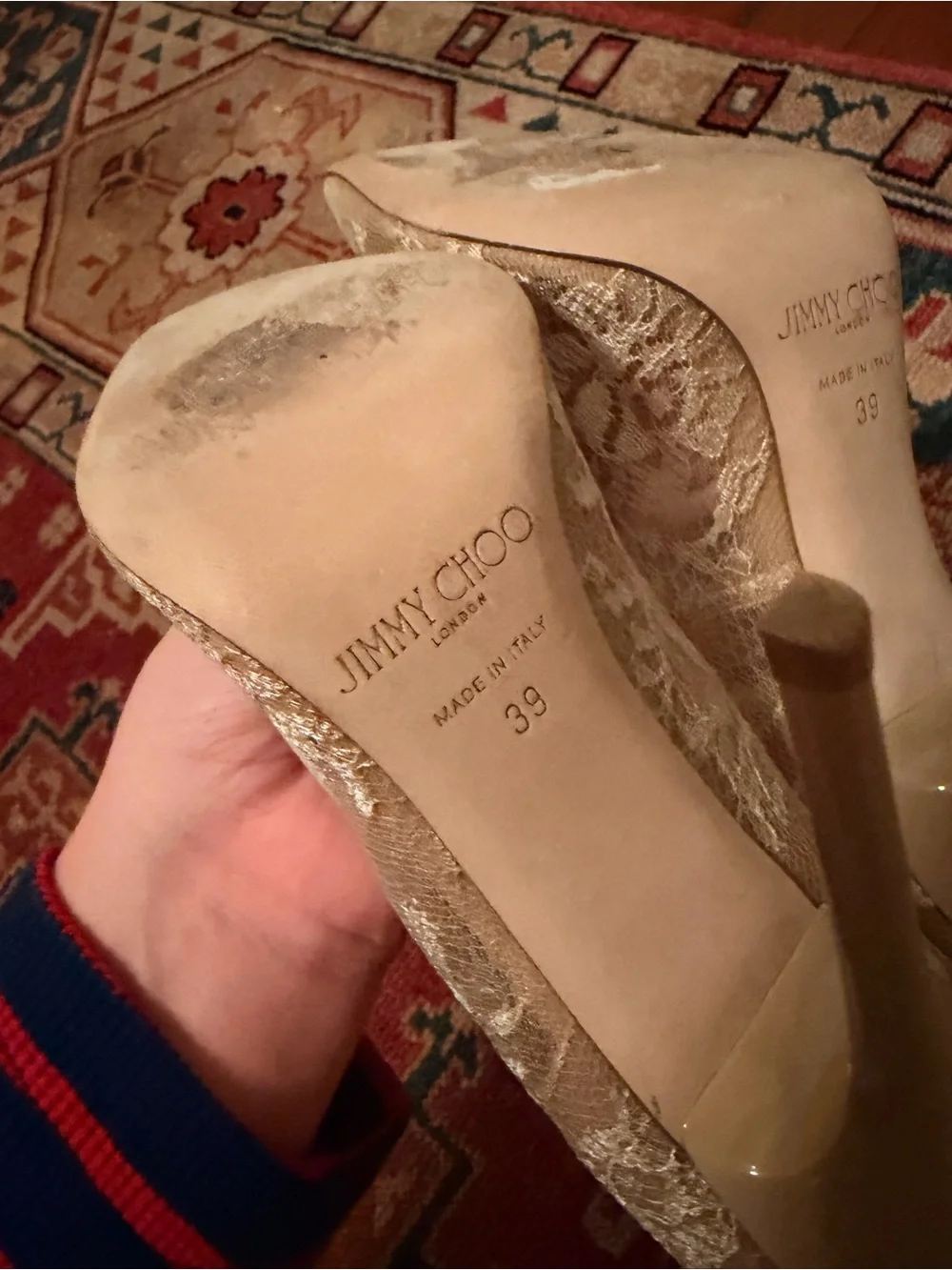 CONSIGNED Jimmy Choo Beige Lace Pointed-Toe Pumps with Floral Overlay